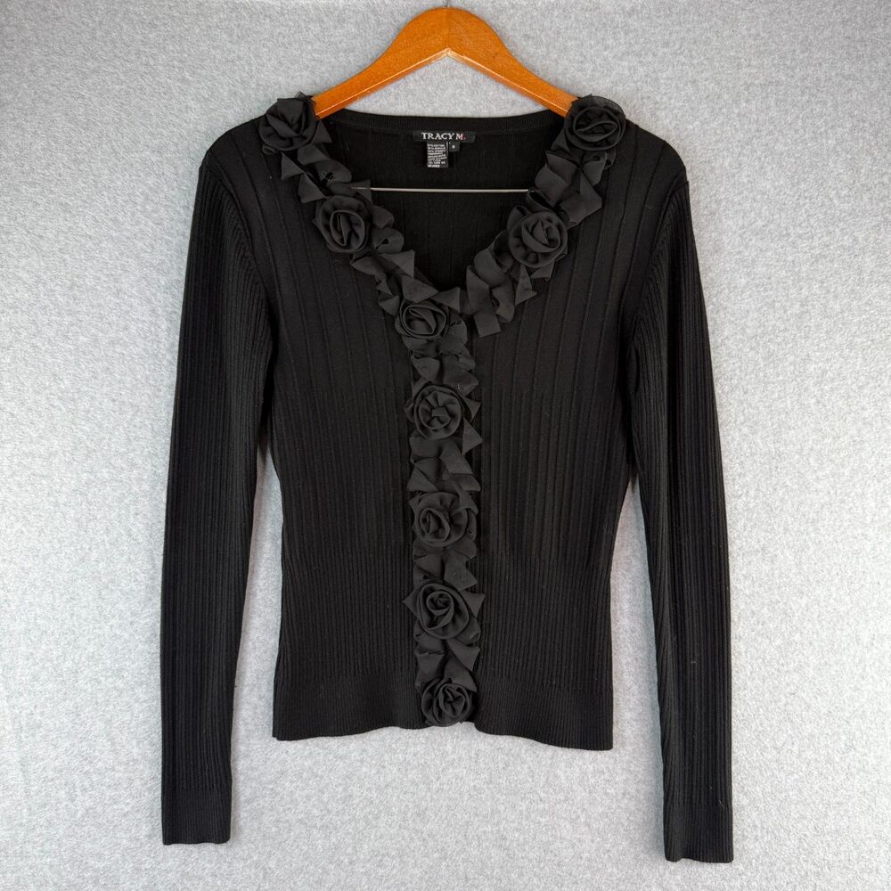 Tracy Y2K 90's Black Whimsygoth Pull Over V-Neck Cardigan Floral Detailing Sz S